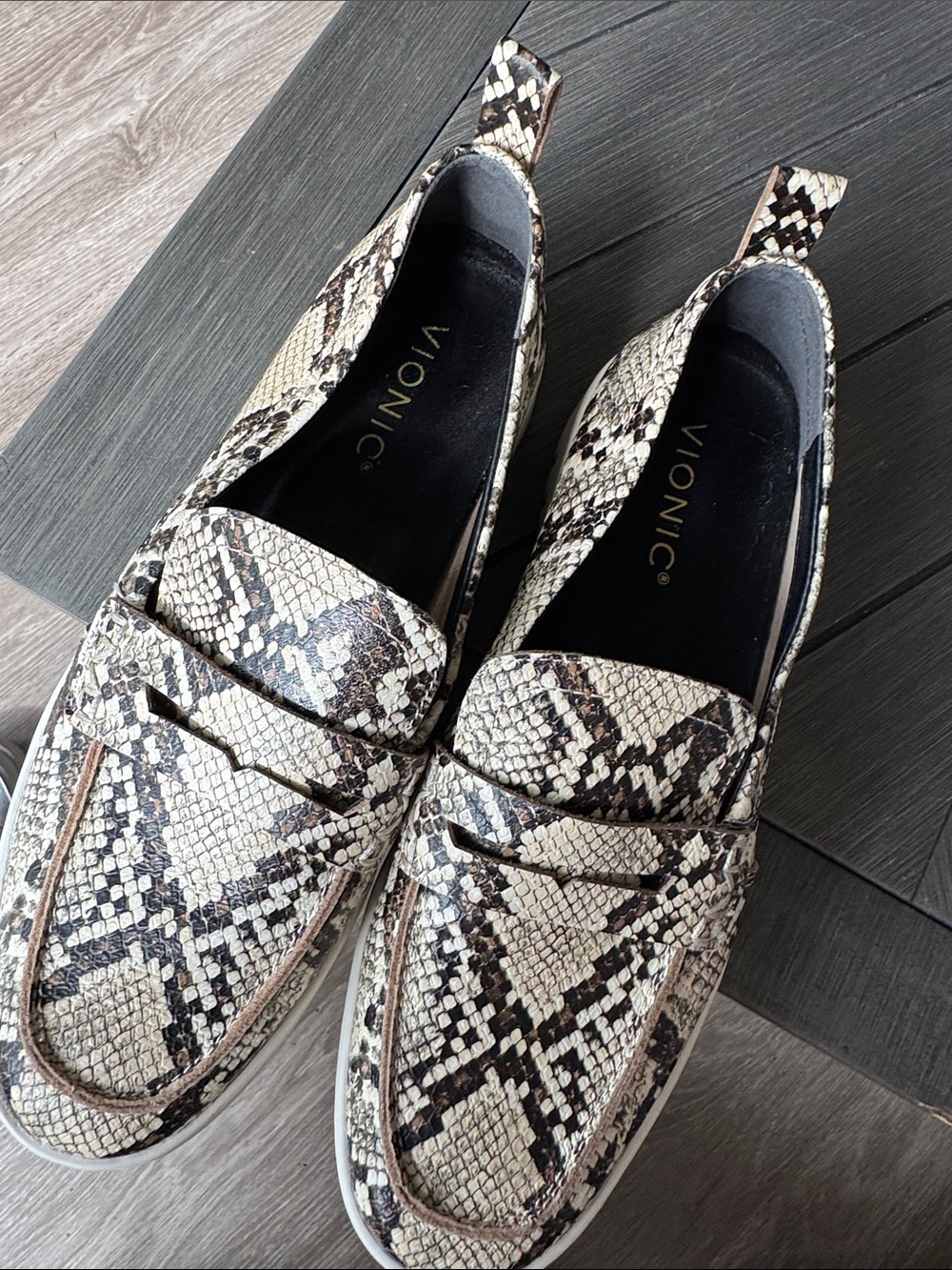 Vionic Snake-Print Penny Loafers in Beige & Black